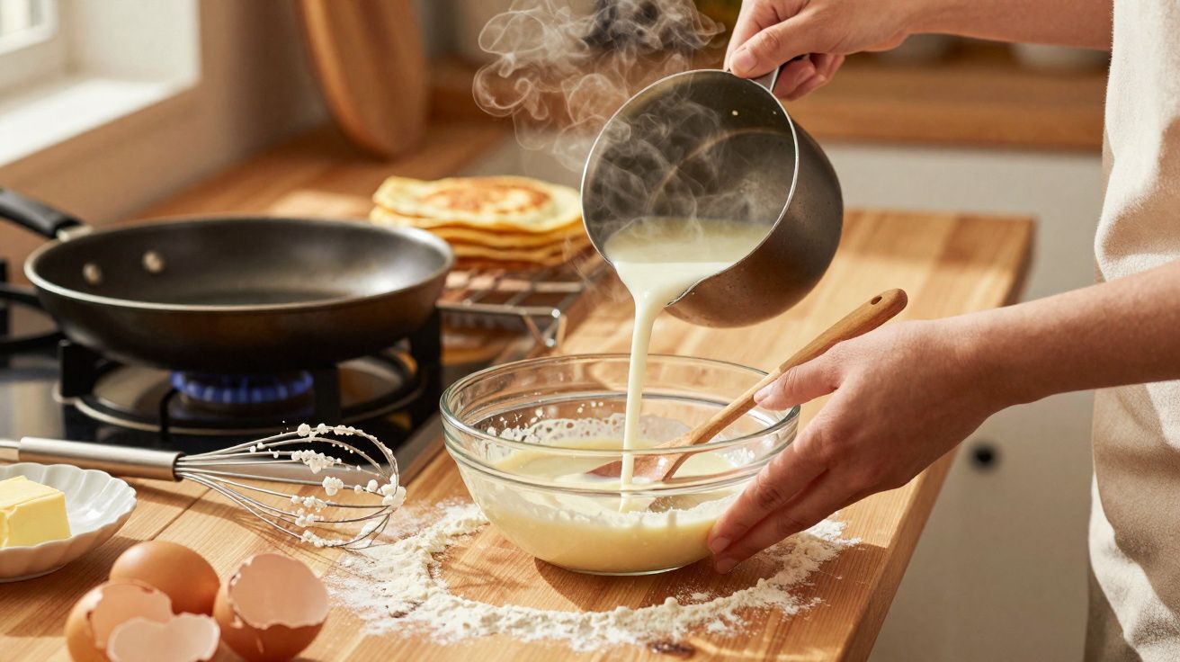Pessoa a verter massa quente para uma taça com ingredientes para panquecas numa cozinha tranquila.