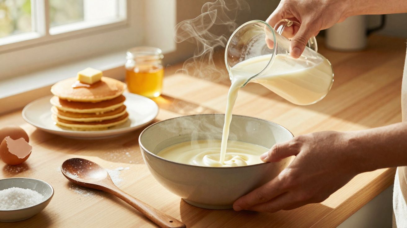 Mãos a verter leite quente numa tigela com massa para panquecas, com panquecas, mel e ovos ao fundo.