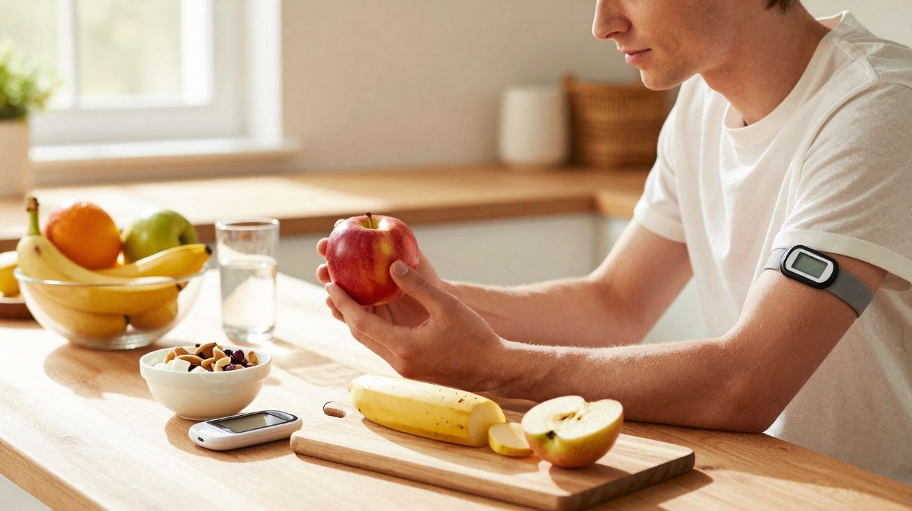 Homem com monitor de glicose a segurar maça numa cozinha com frutas e medidor de diabetes sobre a mesa.