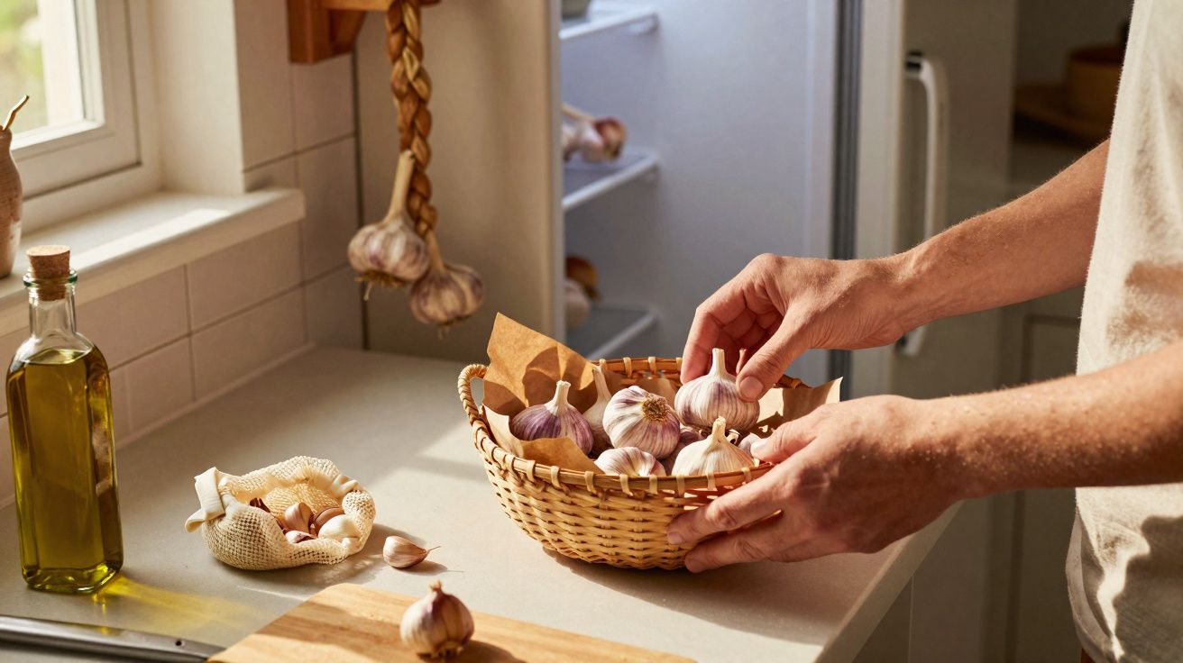 Pessoa segura cesto com cabeças de alho numa cozinha iluminada, com azeite e mais alho na bancada.