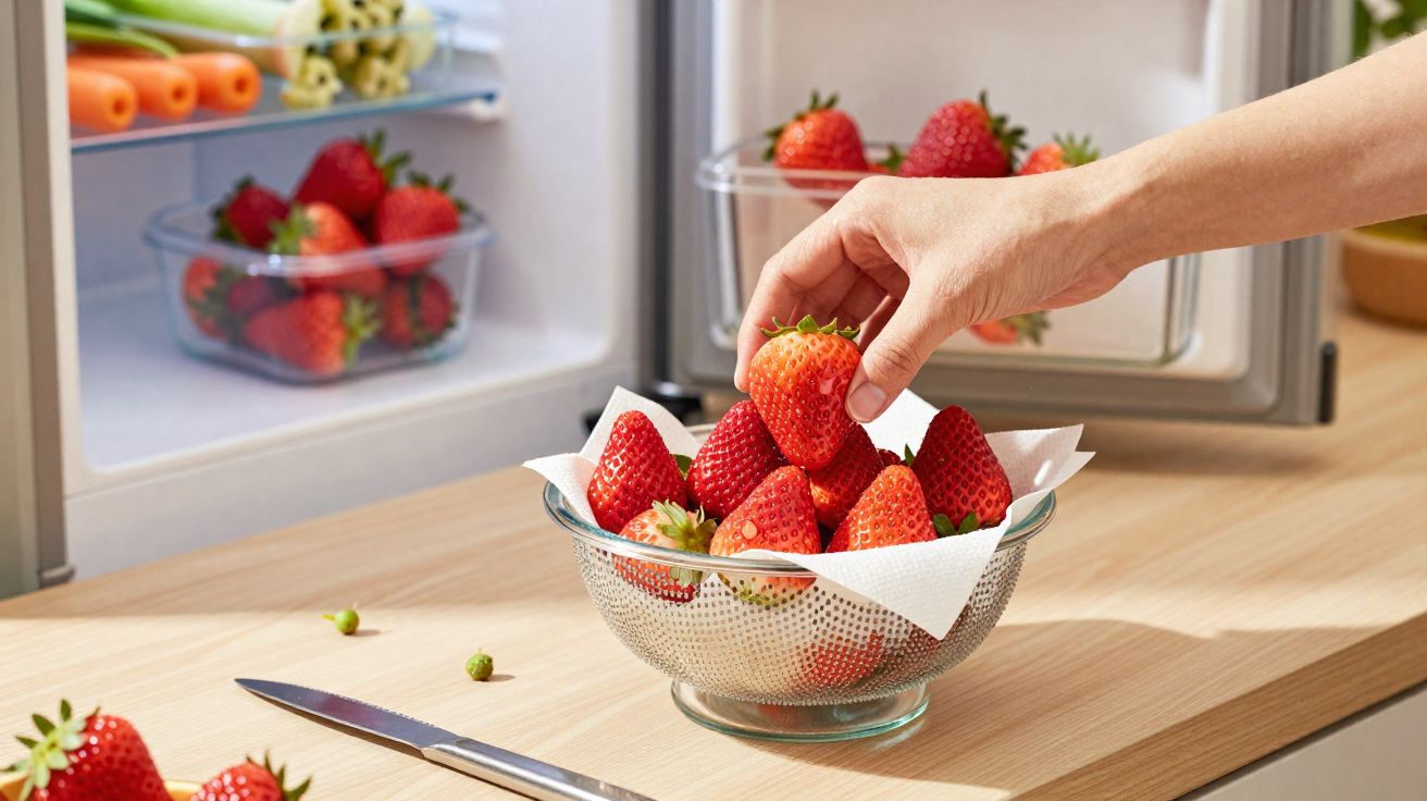 Mão a pegar morango numa taça de vidro com morangos, junto a frigorífico aberto e faca na bancada.