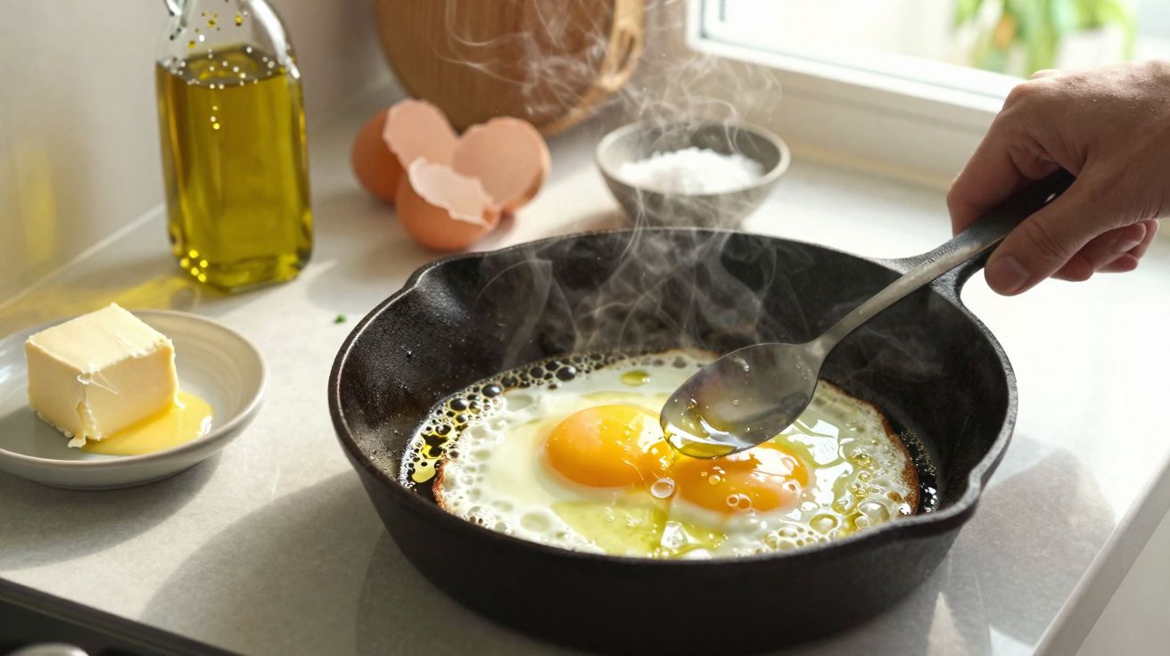 Ovos a fritar numa frigideira de ferro fundido, com manteiga, azeite e cascas de ovo ao fundo na bancada.