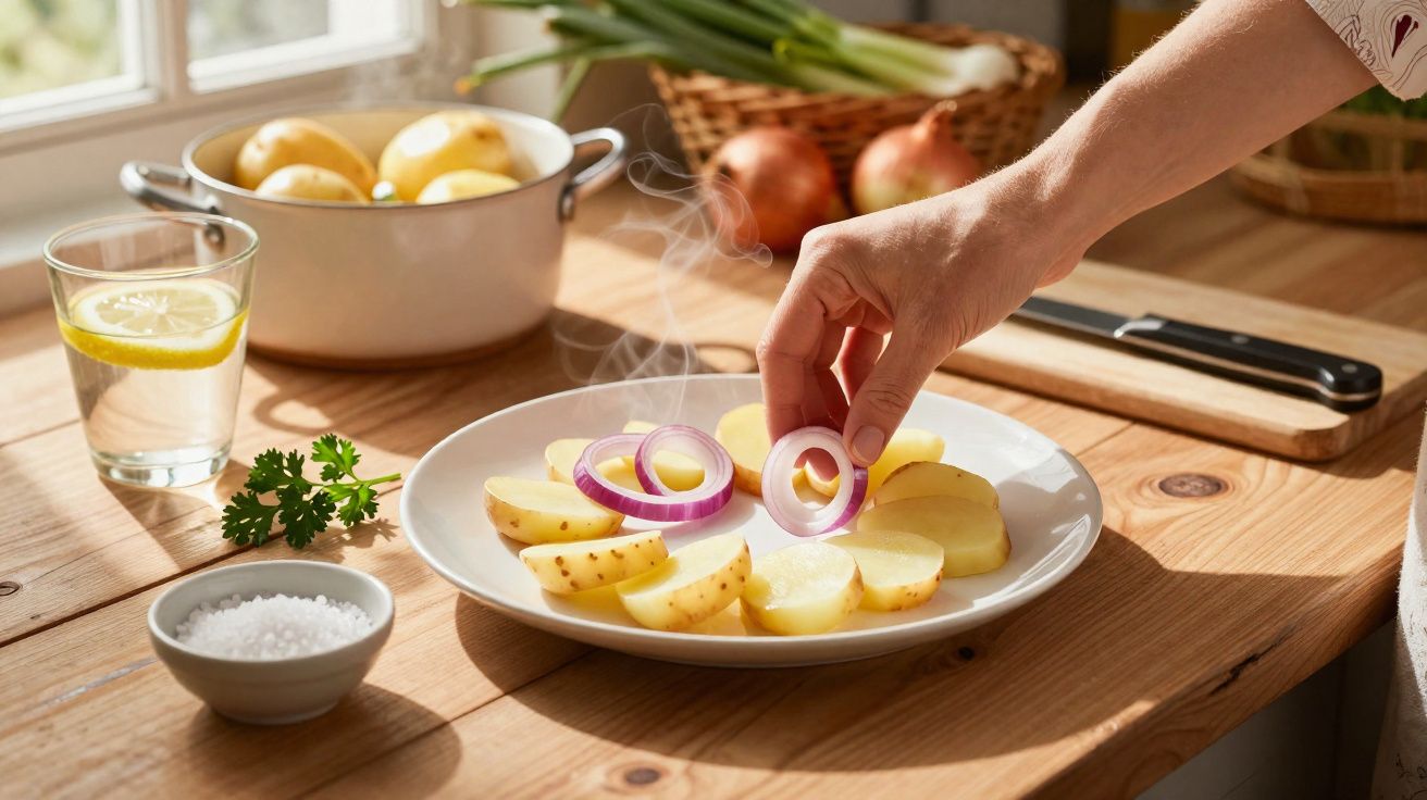 Mão a colocar rodelas de cebola roxa em prato com batatas cozidas numa cozinha iluminada.