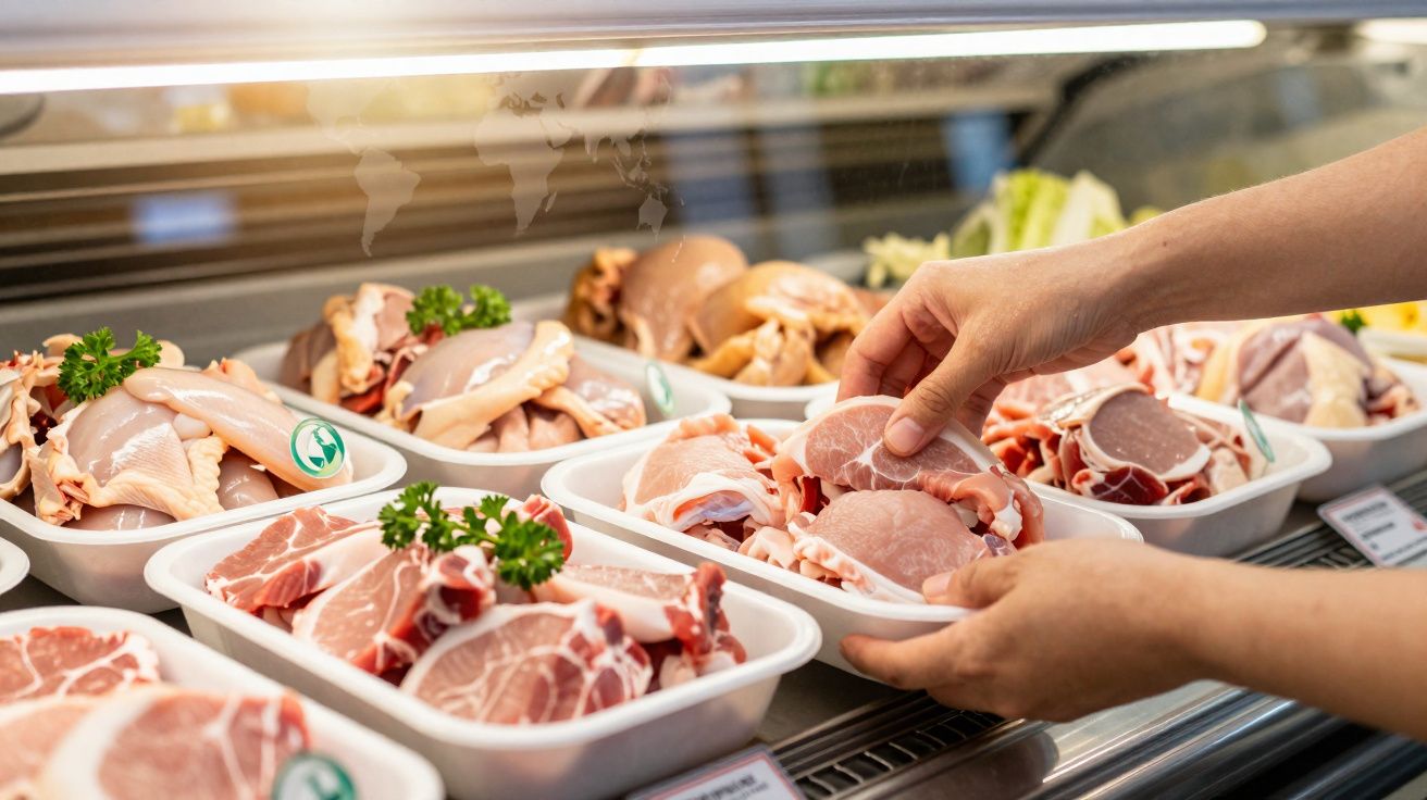 Mãos a escolher carne fresca embalada em bandejas num balcão de talho iluminado.