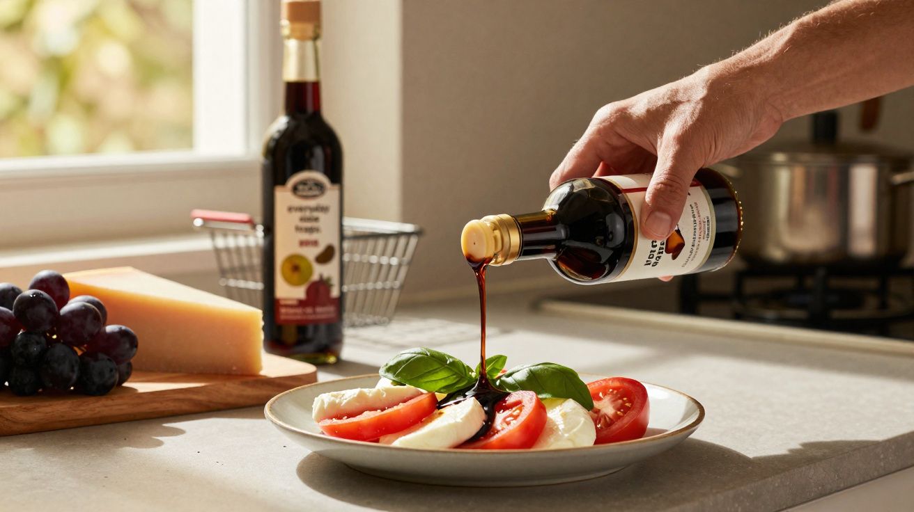 Pessoa a verter vinagre balsâmico numa salada caprese com tomate, mozzarella e manjericão numa cozinha iluminada.