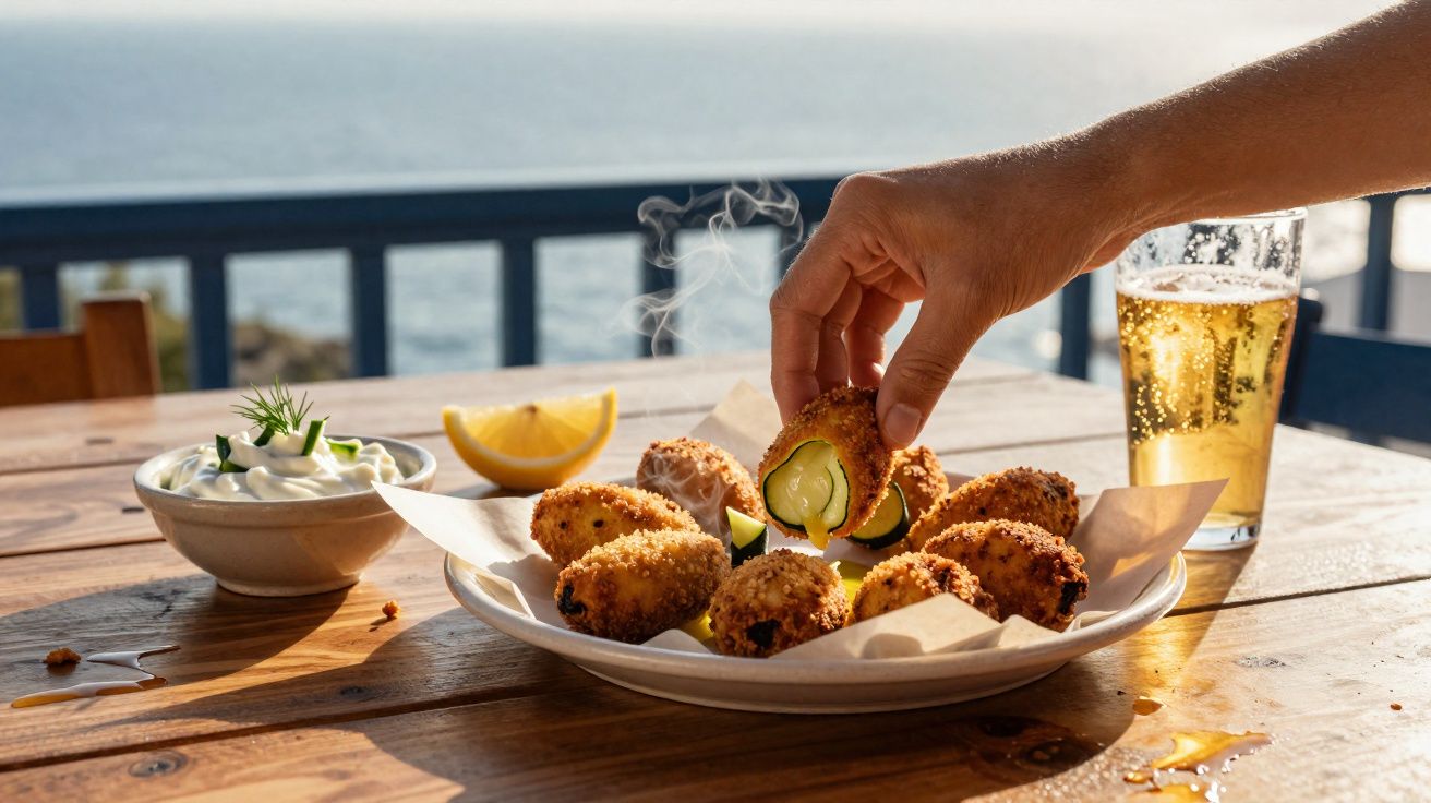 Mão a pegar croquete recheado com courgete num prato com limão, molho e cerveja, mesa de madeira com vista para o mar.