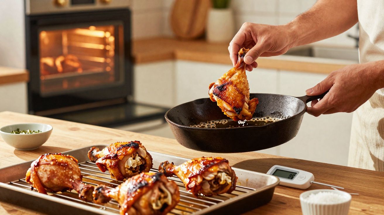 Mãos a retirar coxas de frango grelhado de uma frigideira numa cozinha moderna.