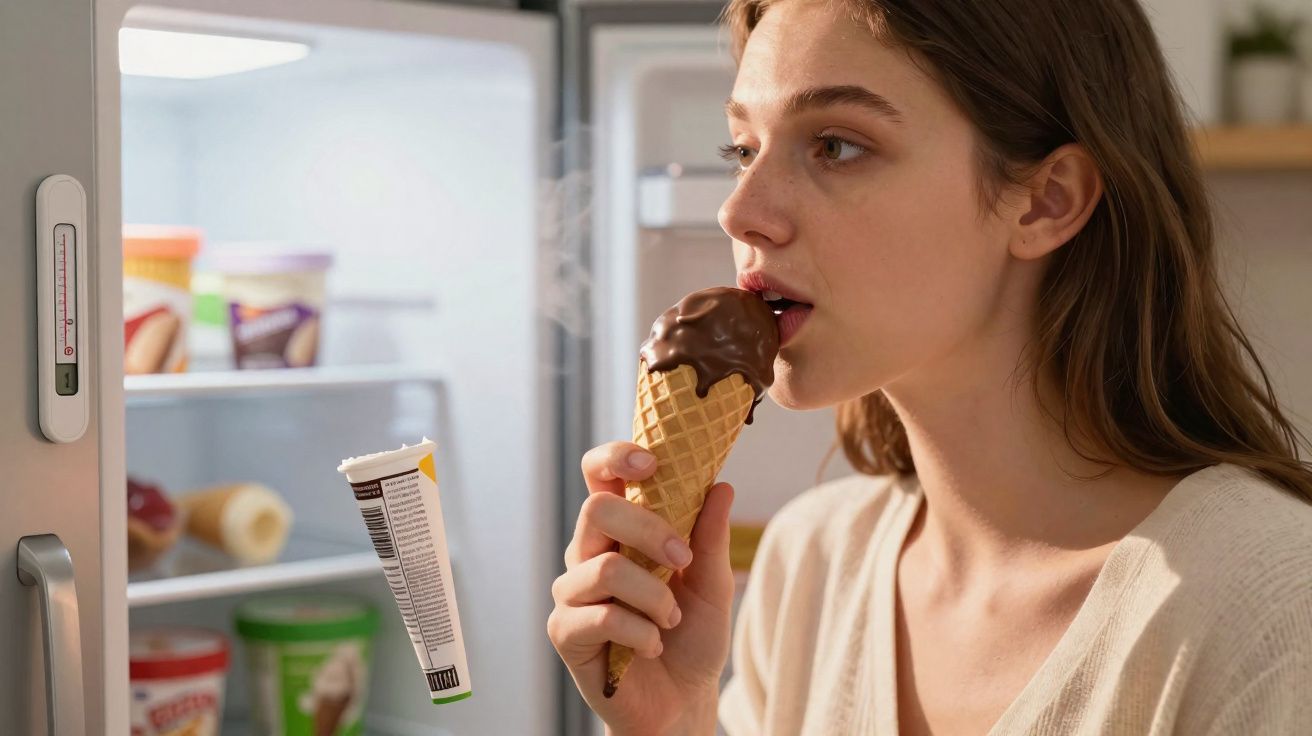 Mulher a saborear gelado de chocolate junto a frigorífico aberto numa cozinha moderna.