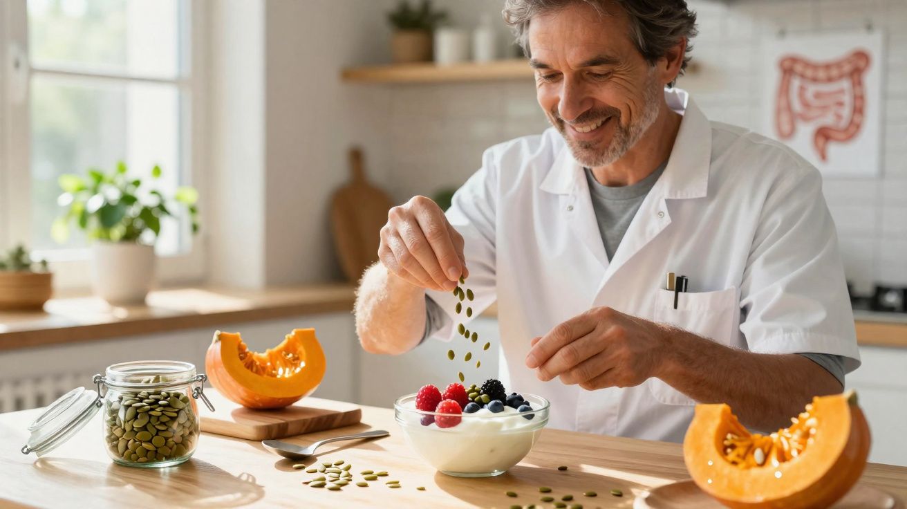 Homem sorridente a polvilhar sementes em iogurte com frutas numa cozinha luminosa e acolhedora.