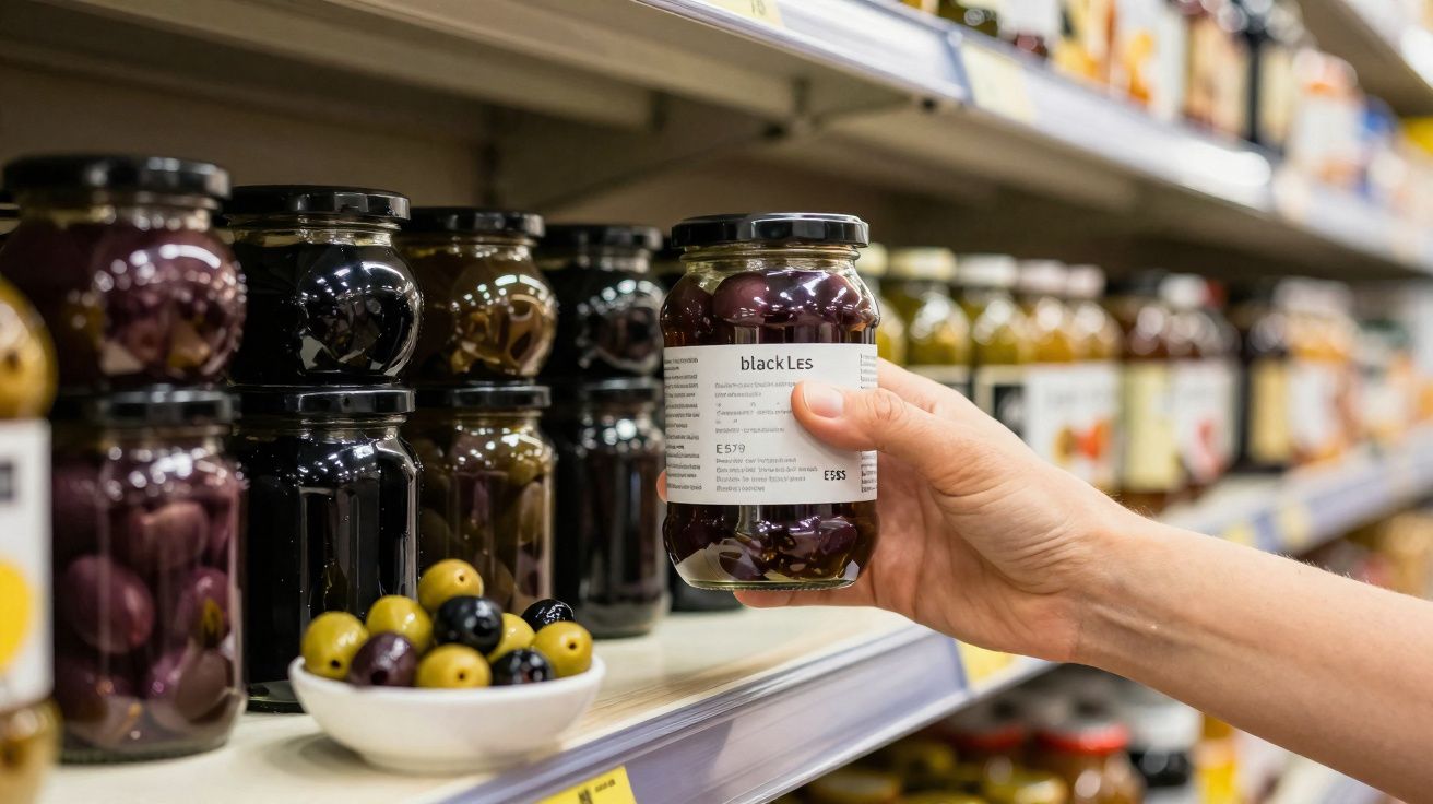 Mão a segurar frasco de azeitonas pretas numa prateleira de supermercado com vários frascos similares.