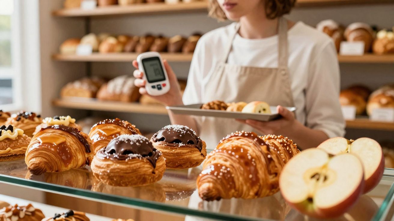 Vendedora numa pastelaria a mostrar um leitor de código de barras com croissants e doces numa vitrine.