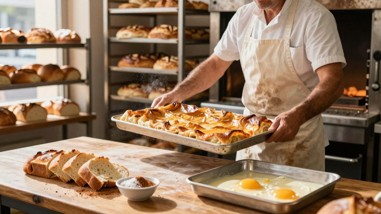 Padeiro a retirar do forno uma travessa com folhado dourado numa padaria com pão fatiado na bancada.