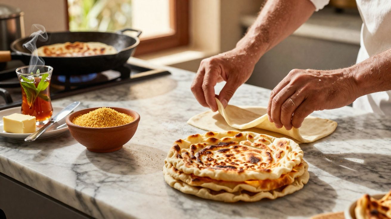 Mãos a preparar pão achatado numa cozinha com chá, manteiga e farinha numa bancada de mármore.
