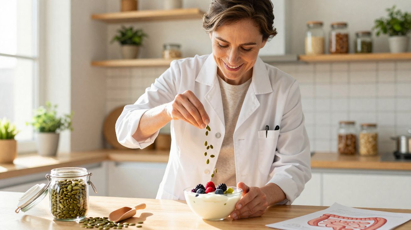 Mulher em bata branca a polvilhar sementes numa taça de iogurte com frutos vermelhos numa cozinha.
