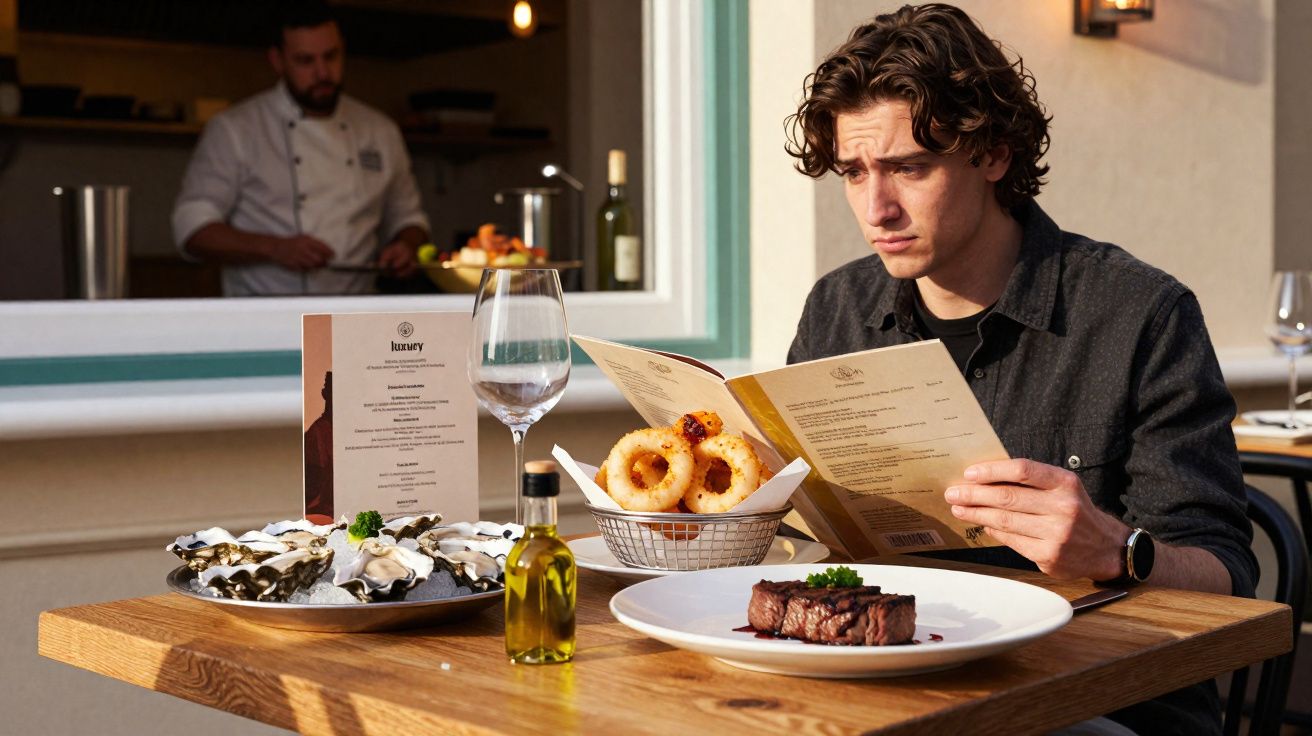 Homem sentado a ler o menu num restaurante com pratos de ostras, anéis de cebola e bife na mesa.
