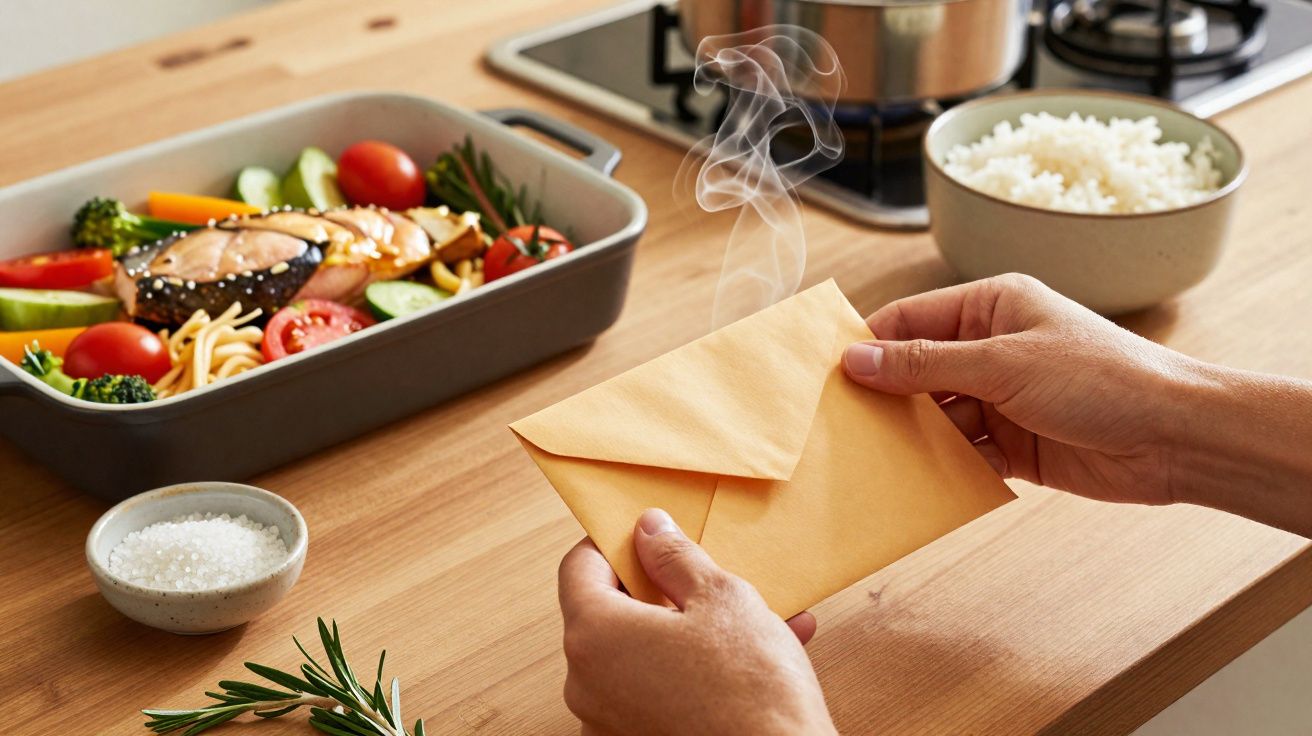 Mãos seguram envelope fumegante junto a mesa com refeição saudável e arroz branco em tigela.