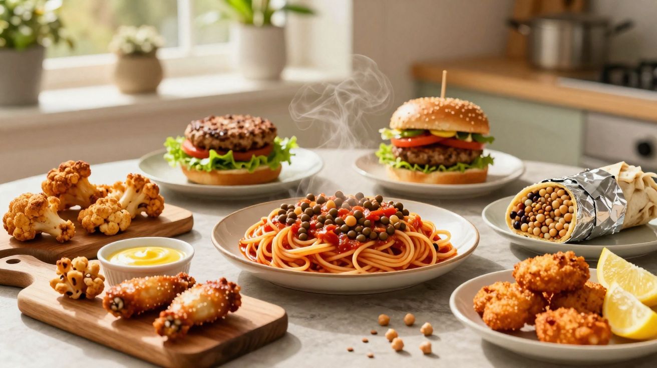 Várias opções de comida com hambúrgueres, esparguete com molho, couves-flores, e petiscos fritos numa mesa de cozinha.