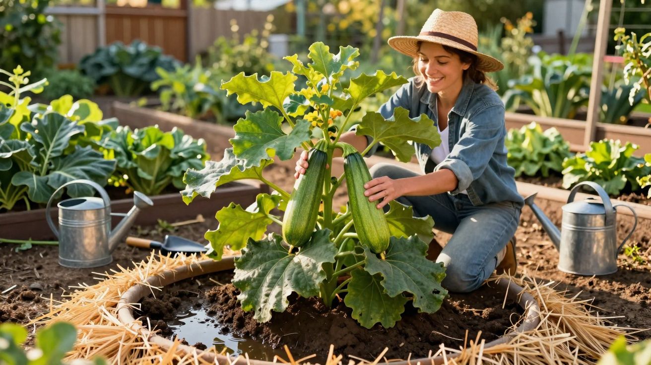 Mulher de chapéu a colher abobrinhas numa horta com regadores e plantas ao redor.