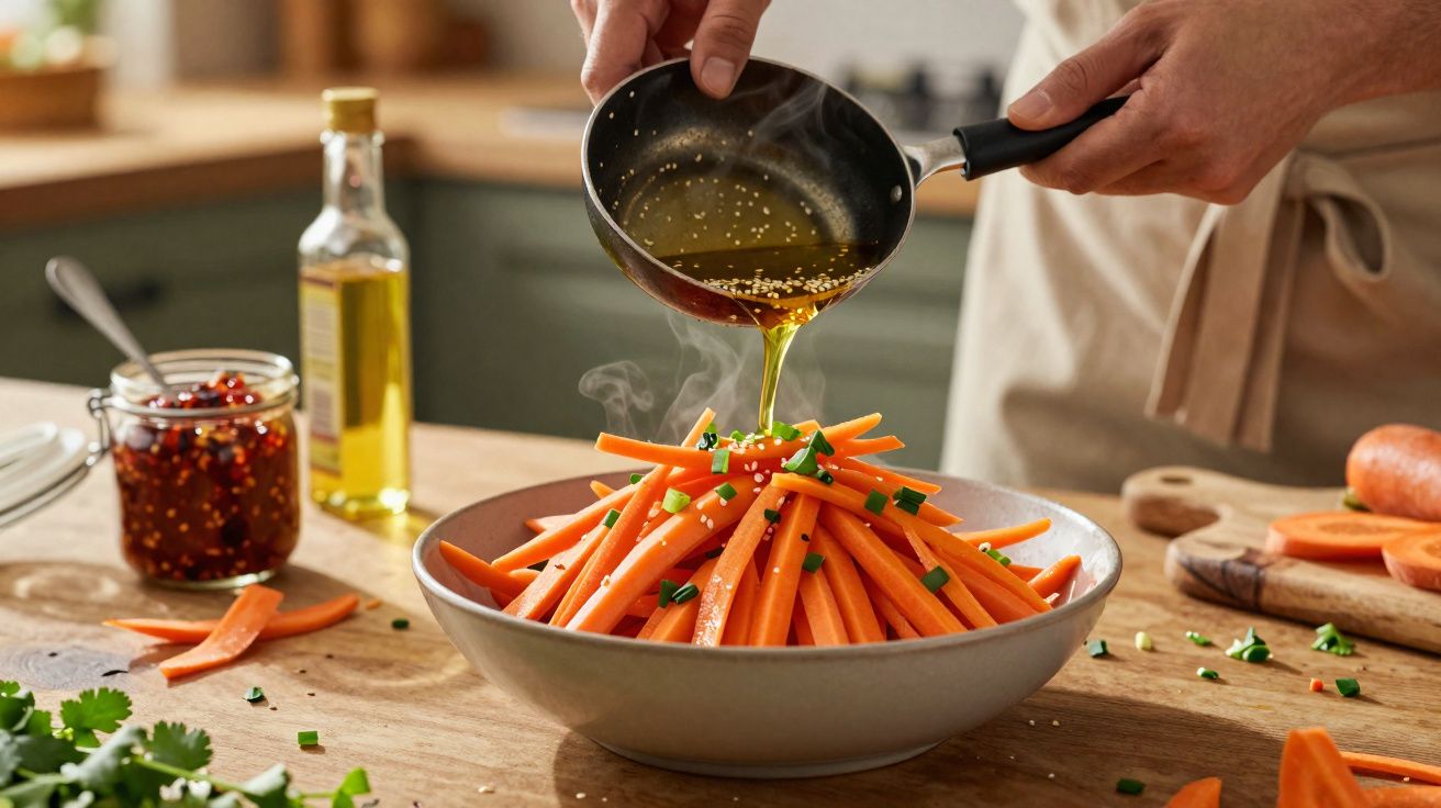 Pessoa a temperar palitos de cenoura num prato branco com molho dourado numa cozinha iluminada.