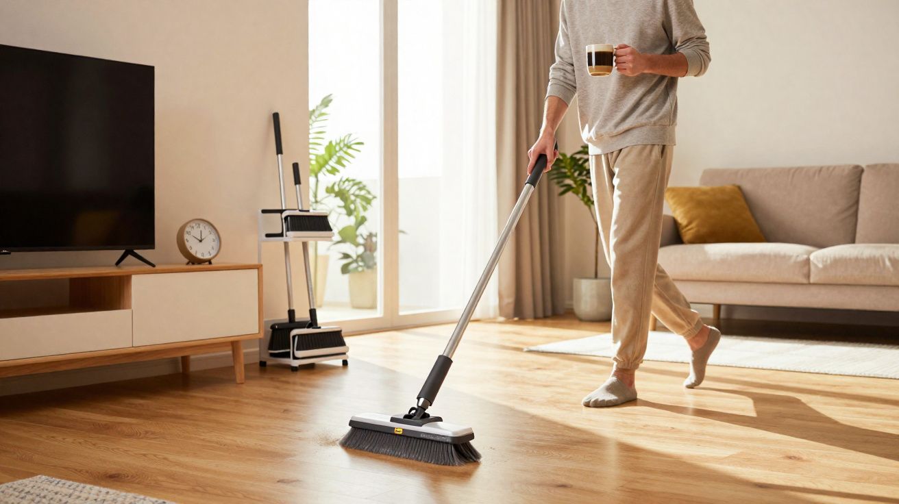 Pessoa a varrer chão da sala de estar com escova enquanto segura chávena de café numa mão.
