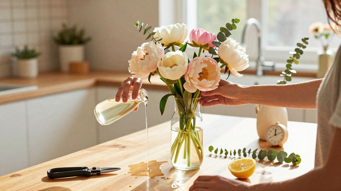 Pessoa a arranjar flores brancas e rosas num vaso de vidro numa cozinha iluminada pela luz natural.