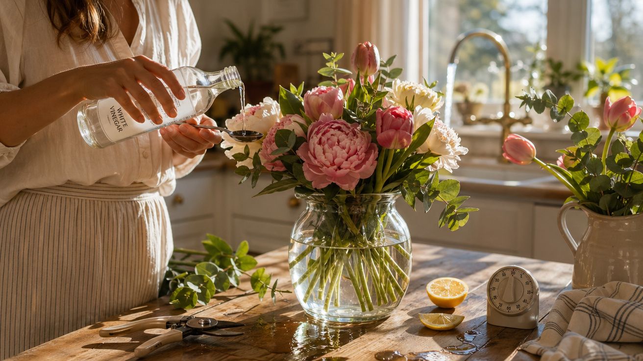 Pessoa a regar flores num vaso de vidro numa cozinha iluminada pelo sol da manhã.