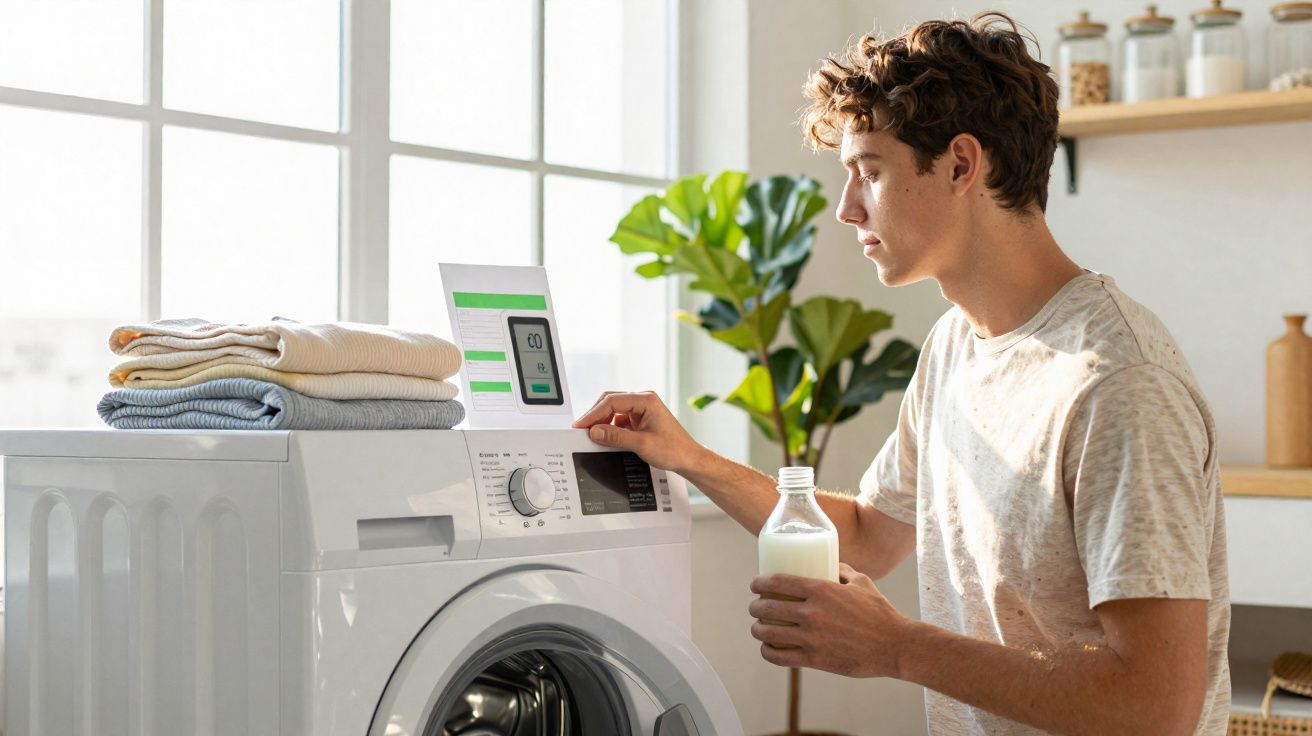 Jovem junto à máquina de lavar roupa, segurando uma garrafa de detergente, em ambiente doméstico bem iluminado.