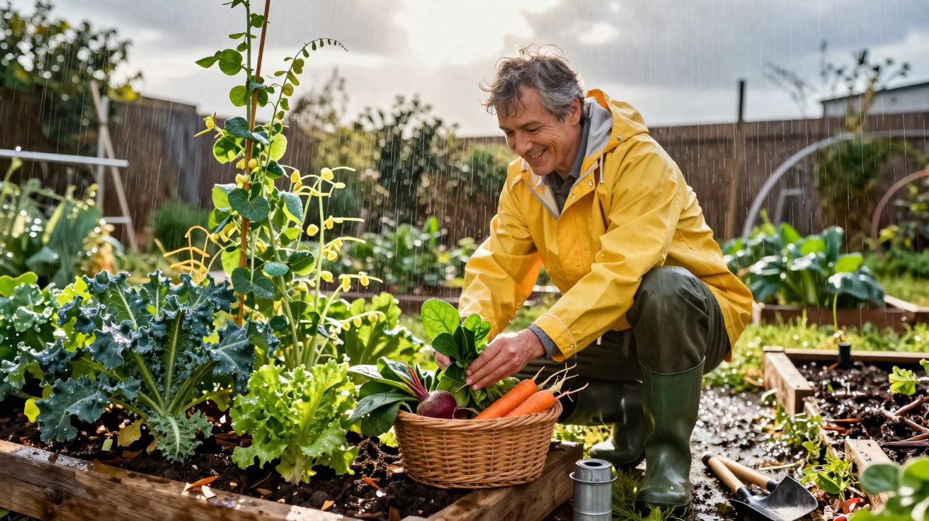 Homem sorridente a recolher legumes numa cesta num jardim durante uma chuva leve.