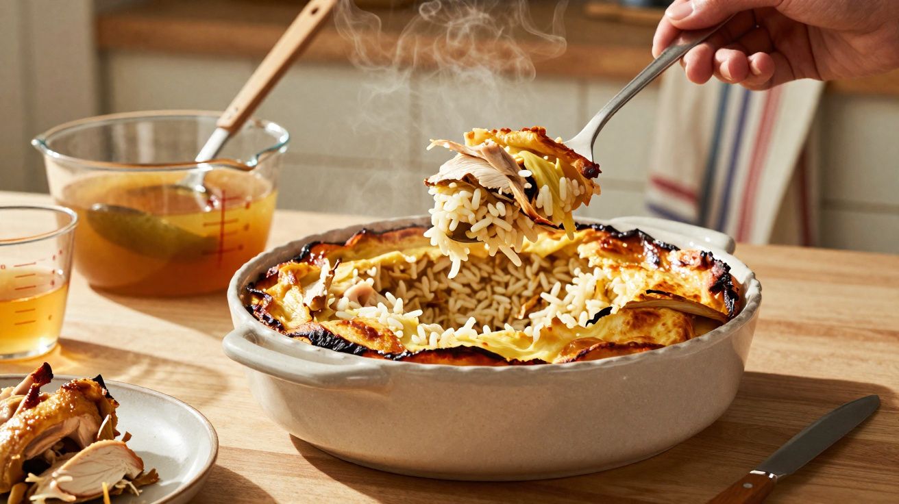 Prato de cerâmica com arroz, pedaços de carne e crosta dourada a ser servido com colher.