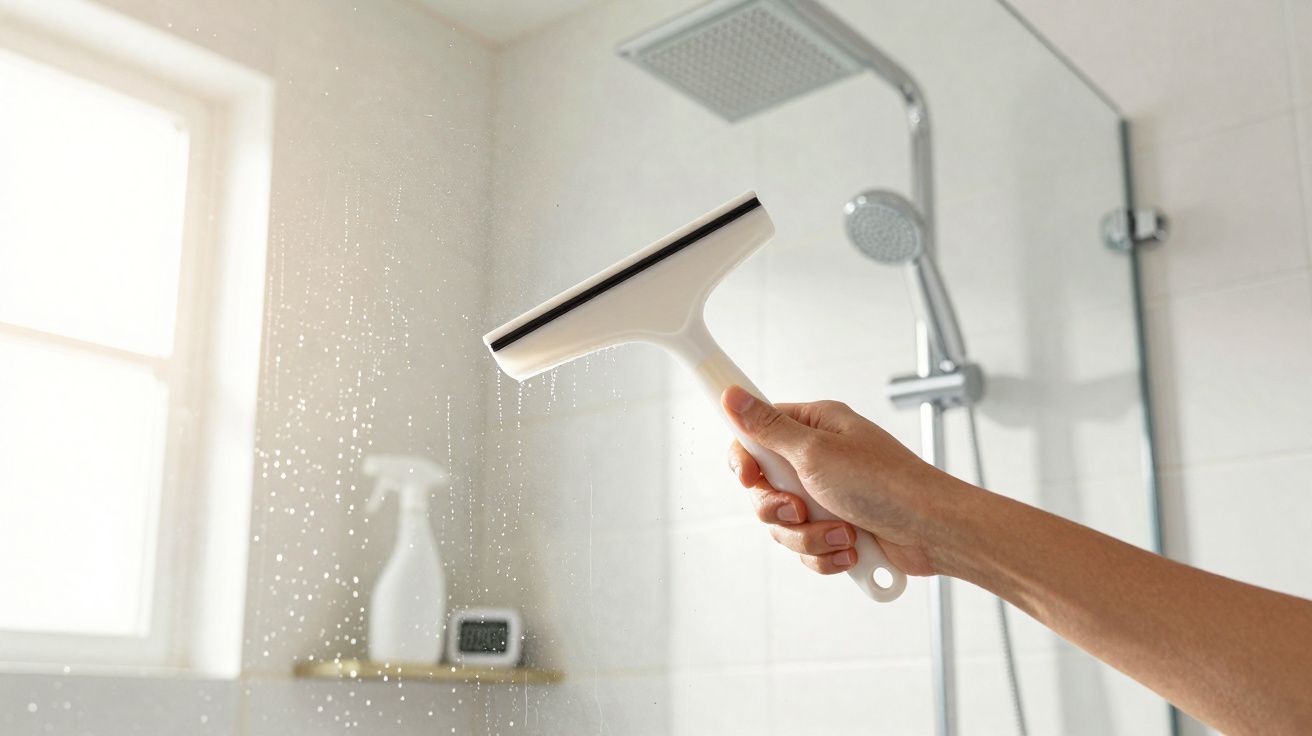 Pessoa a limpar o vidro do duche com um limpa-vidros branco numa casa-de-banho moderna.