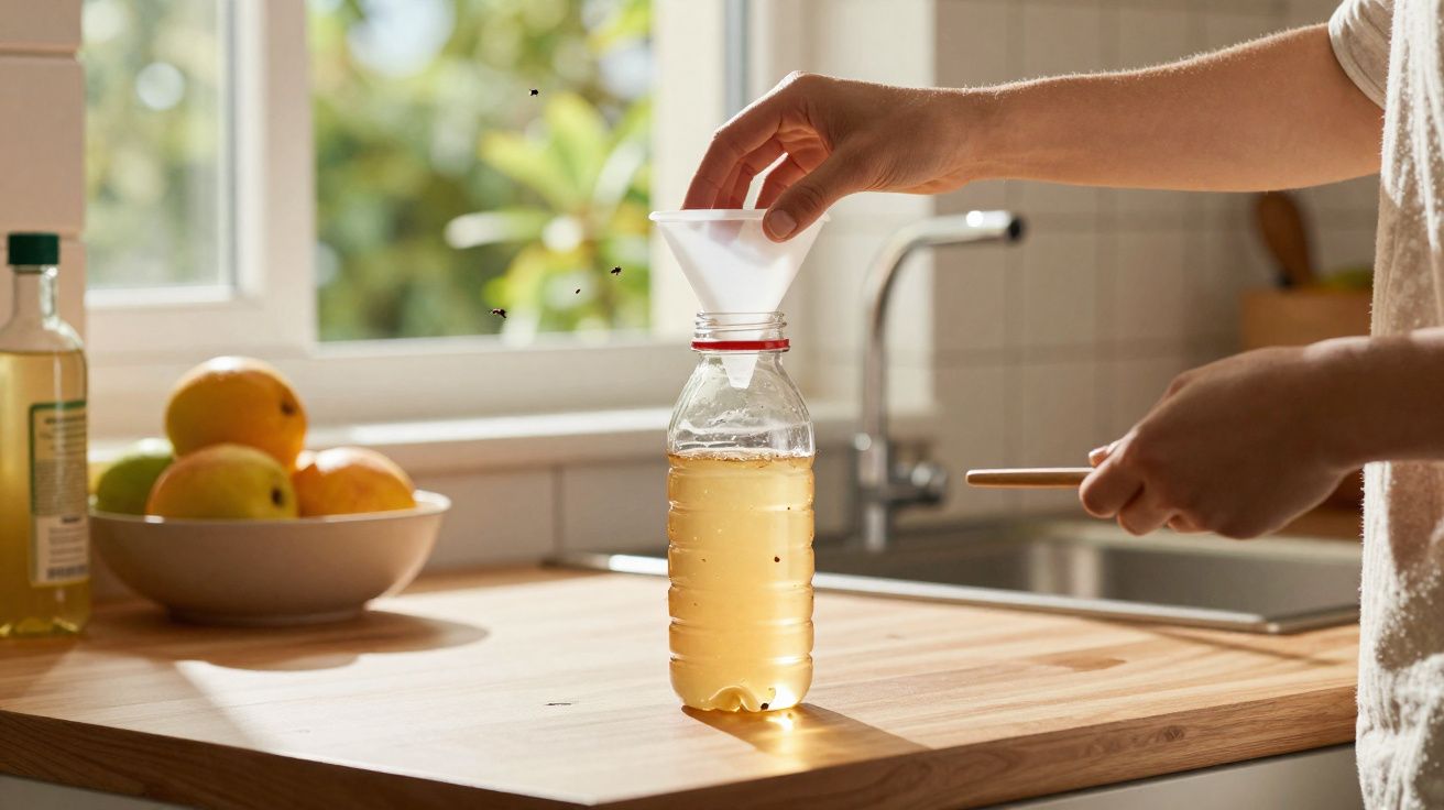 Pessoa a usar funil para colocar líquido numa garrafa plástica numa cozinha iluminada por luz natural.