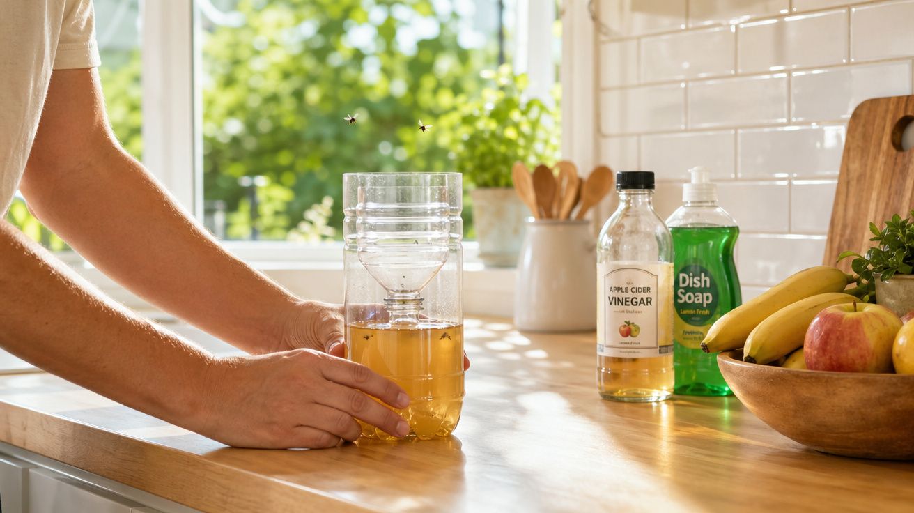 Pessoa a montar armadilha caseira para moscas com vinagre de maçã e detergente na cozinha iluminada.