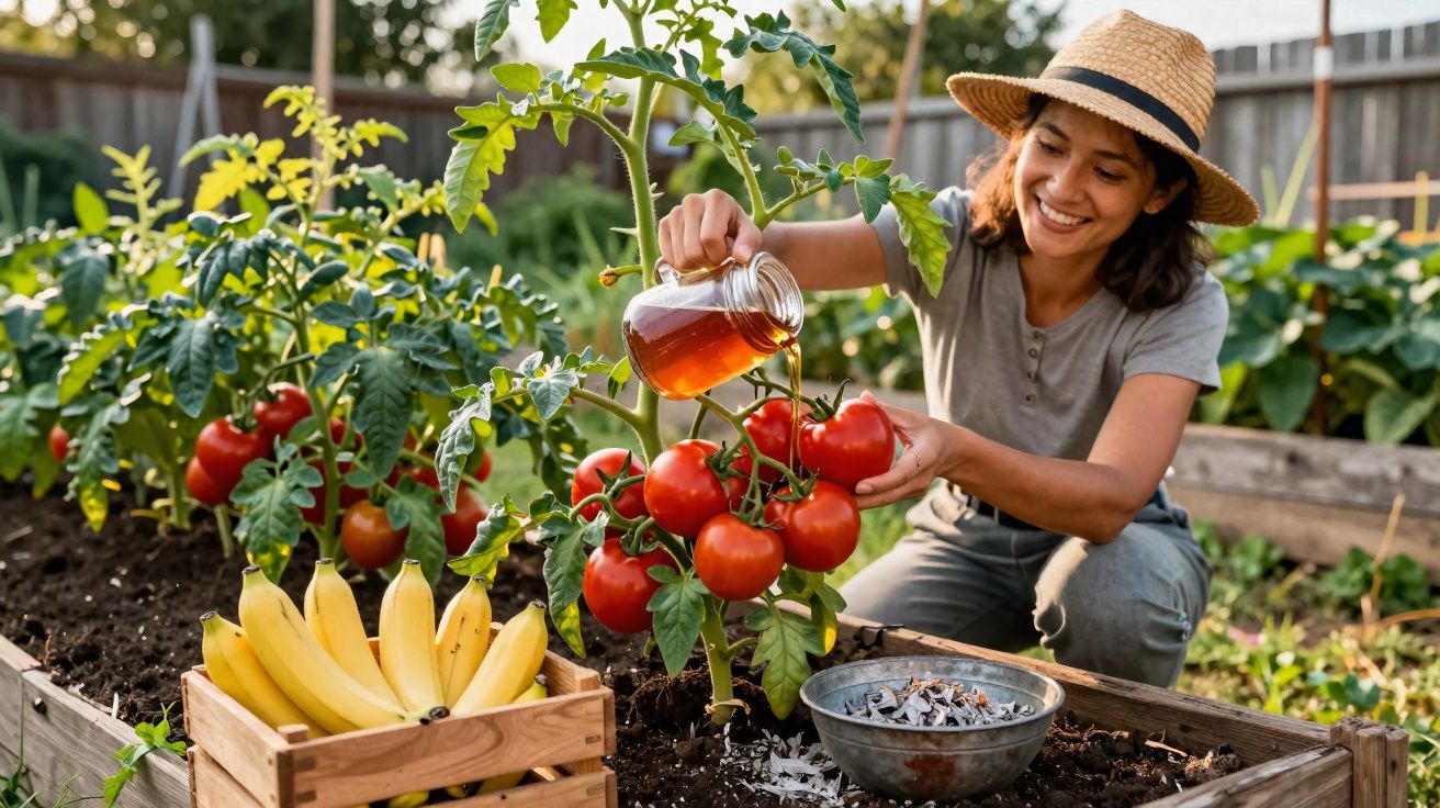 Mulher regando plantas de tomateiras num jardim com bananas e sementes à sua volta.