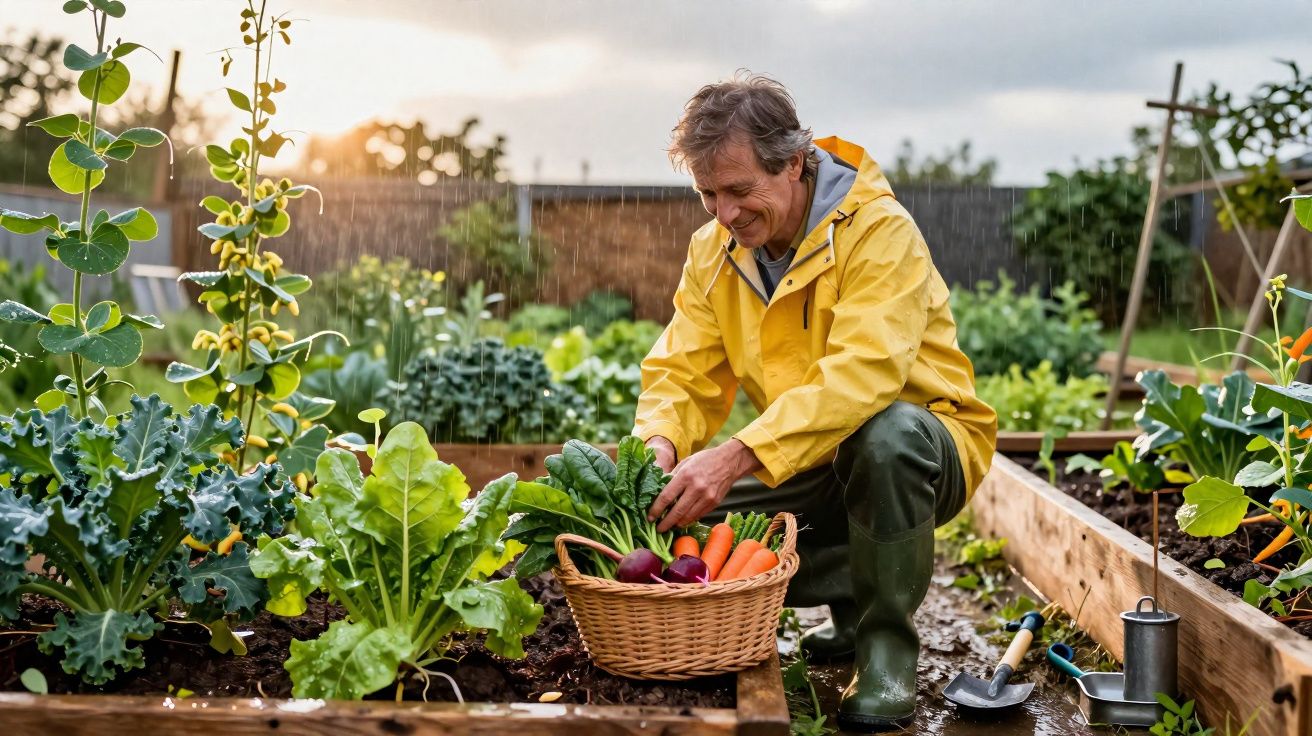 Homem com impermeável amarelo colhe legumes frescos num jardim enquanto chove ao entardecer.