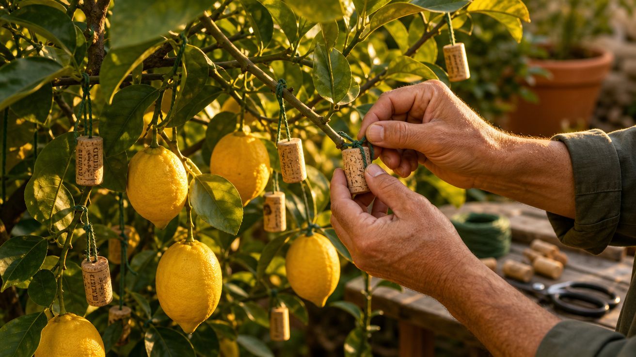 Mãos a prender rolhas de cortiça em ramos de limoeiros com limões maduros num jardim.