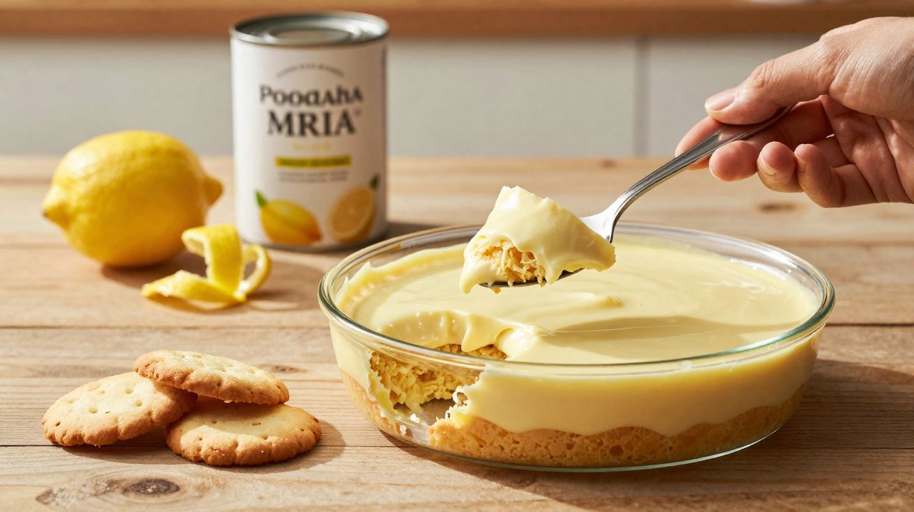 Mão a servir doce de limão com base de bolacha, com limão, bolachas e lata ao fundo em mesa de madeira.